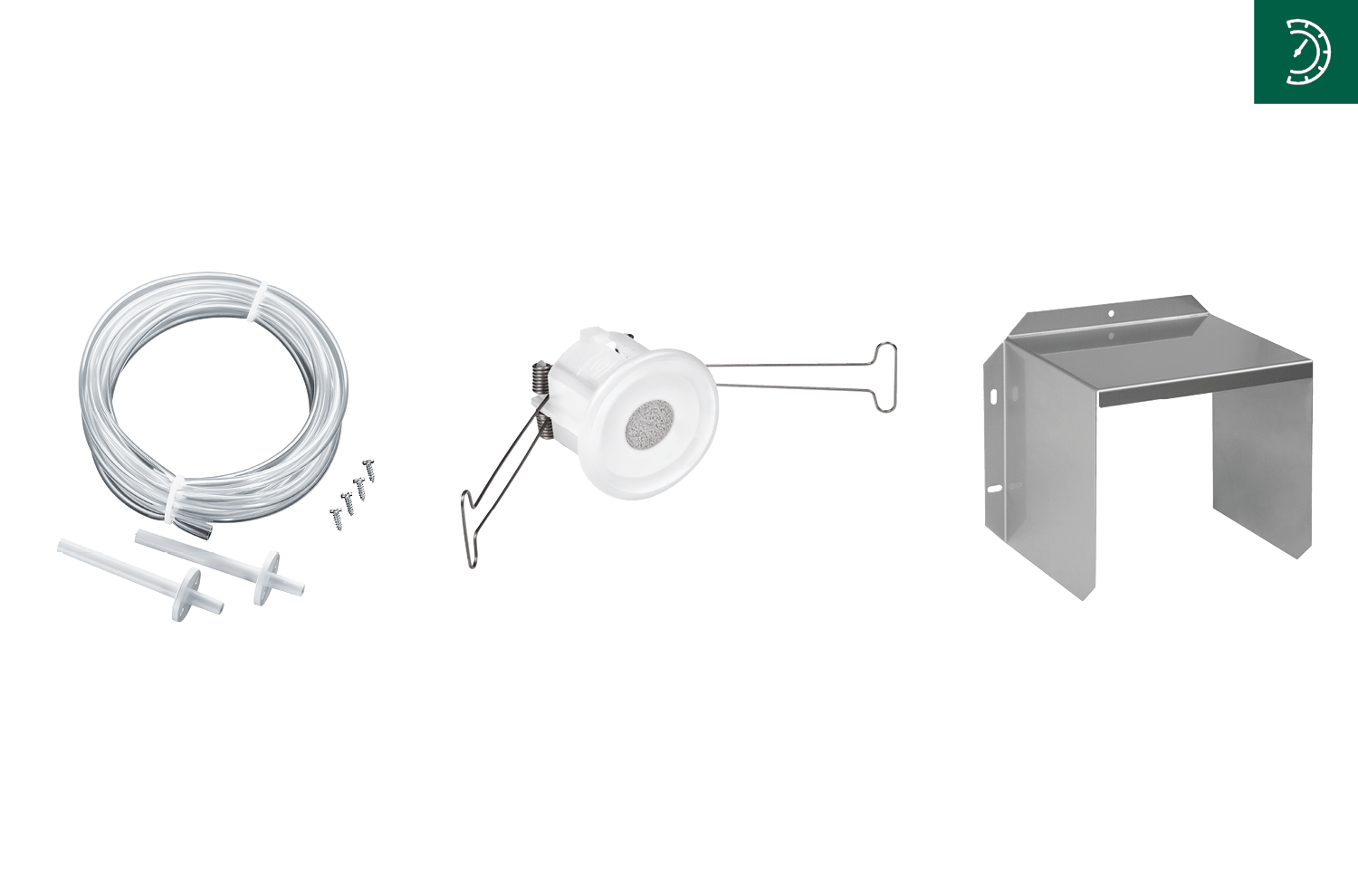 Bild mit Sinterfiltern, Montageflansch und Wetterschutz über Gerät auf grauem Hintergrund, Oben rechts Drucksymbol