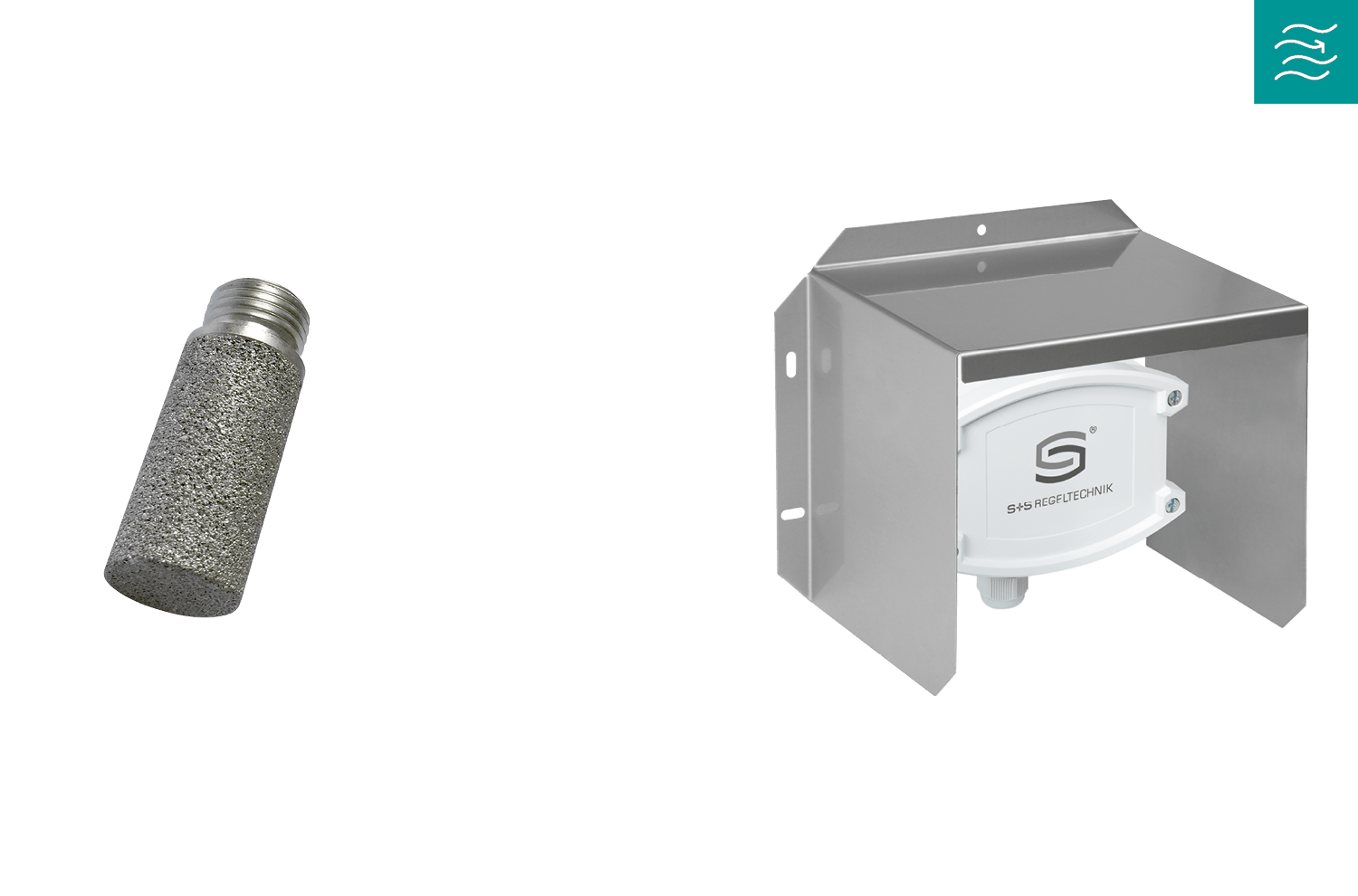 Image d'un filtre fritté et d'un dispositif de protection contre les intempéries sur fond gris, symbole de la qualité de l'air en haut à droite