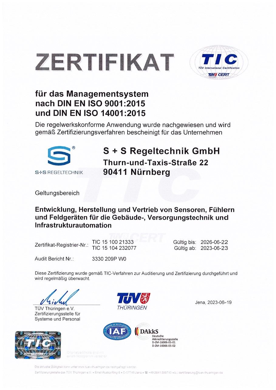 Title page of the certificate ISO14001 of S+S Regeltechnik