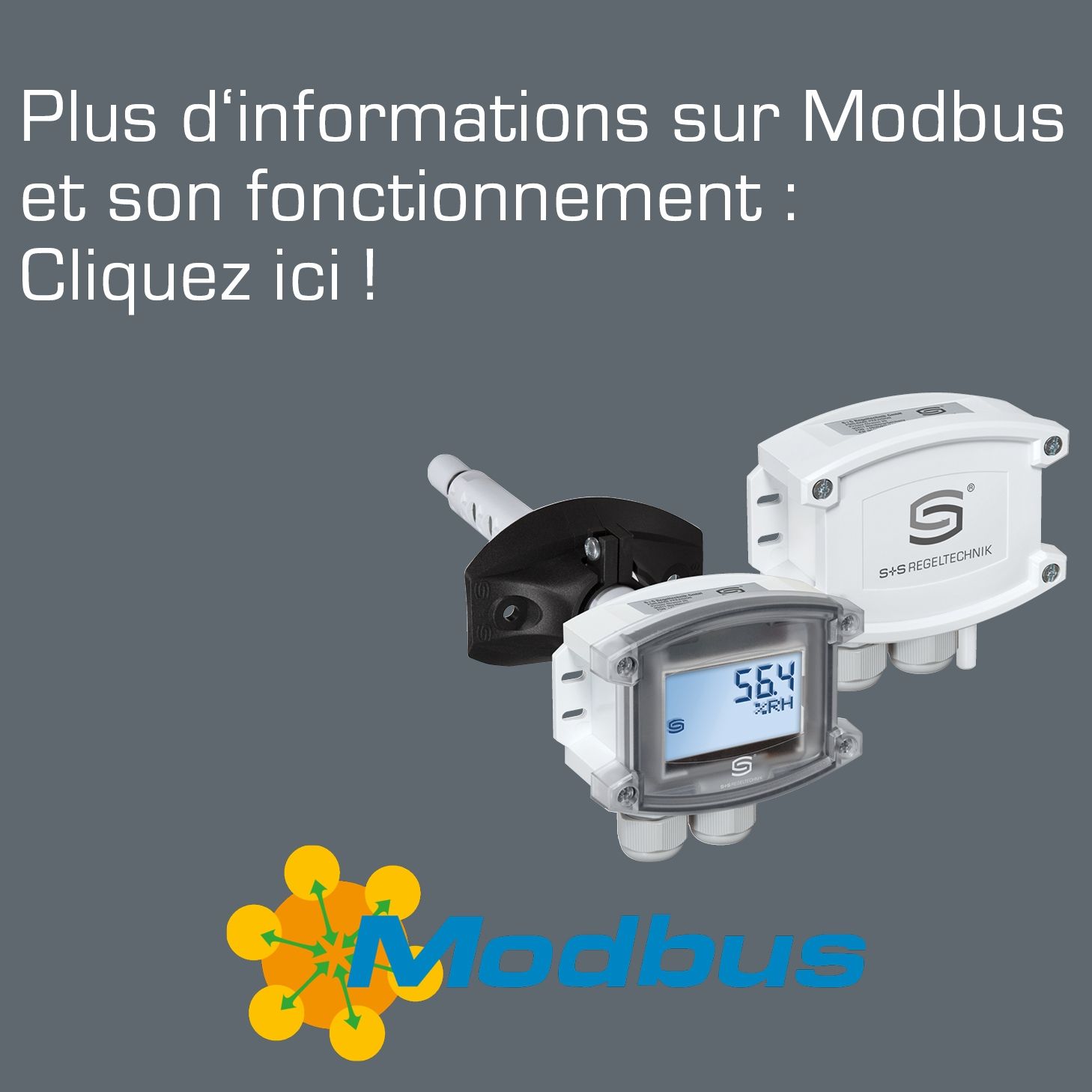 Banner Header Plus d'informations sur Modbus. Logo Modbus sur le côté droit et deux capteurs S+S avec Modbus au centre de l'image.