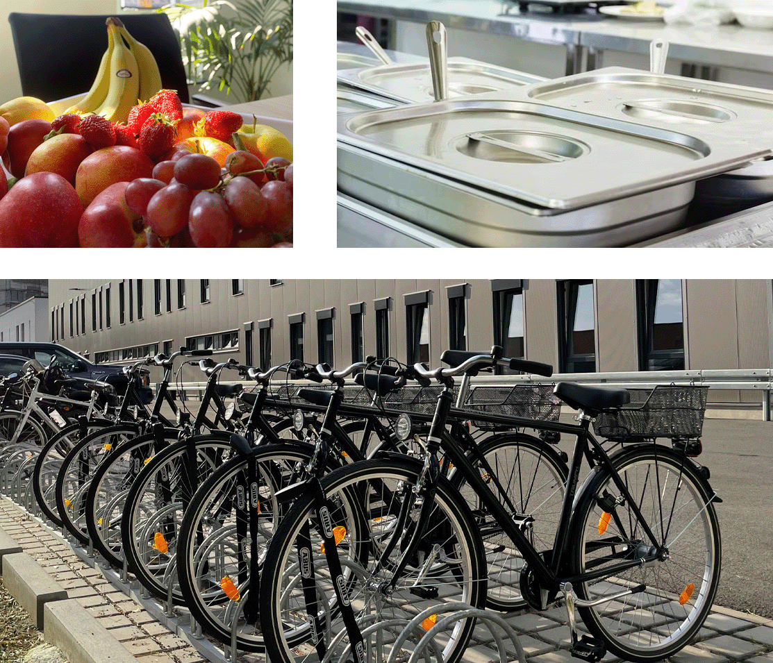 Imagen de la cesta de fruta semanal, el almuerzo diario y las bicicletas de empresa proporcionadas por S+S.