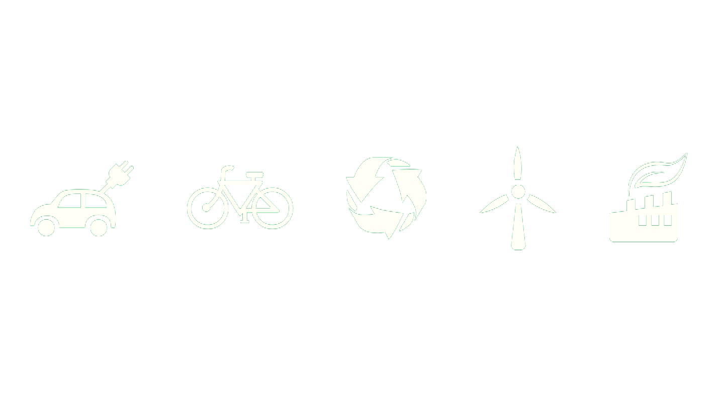 Icons for e-car, bicycle, recycling, wind turbine/ wind power and green electricity/ green industry