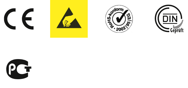 TÜV Zertifikate sowie DIN, CE und EAC Zeichen und Symbole